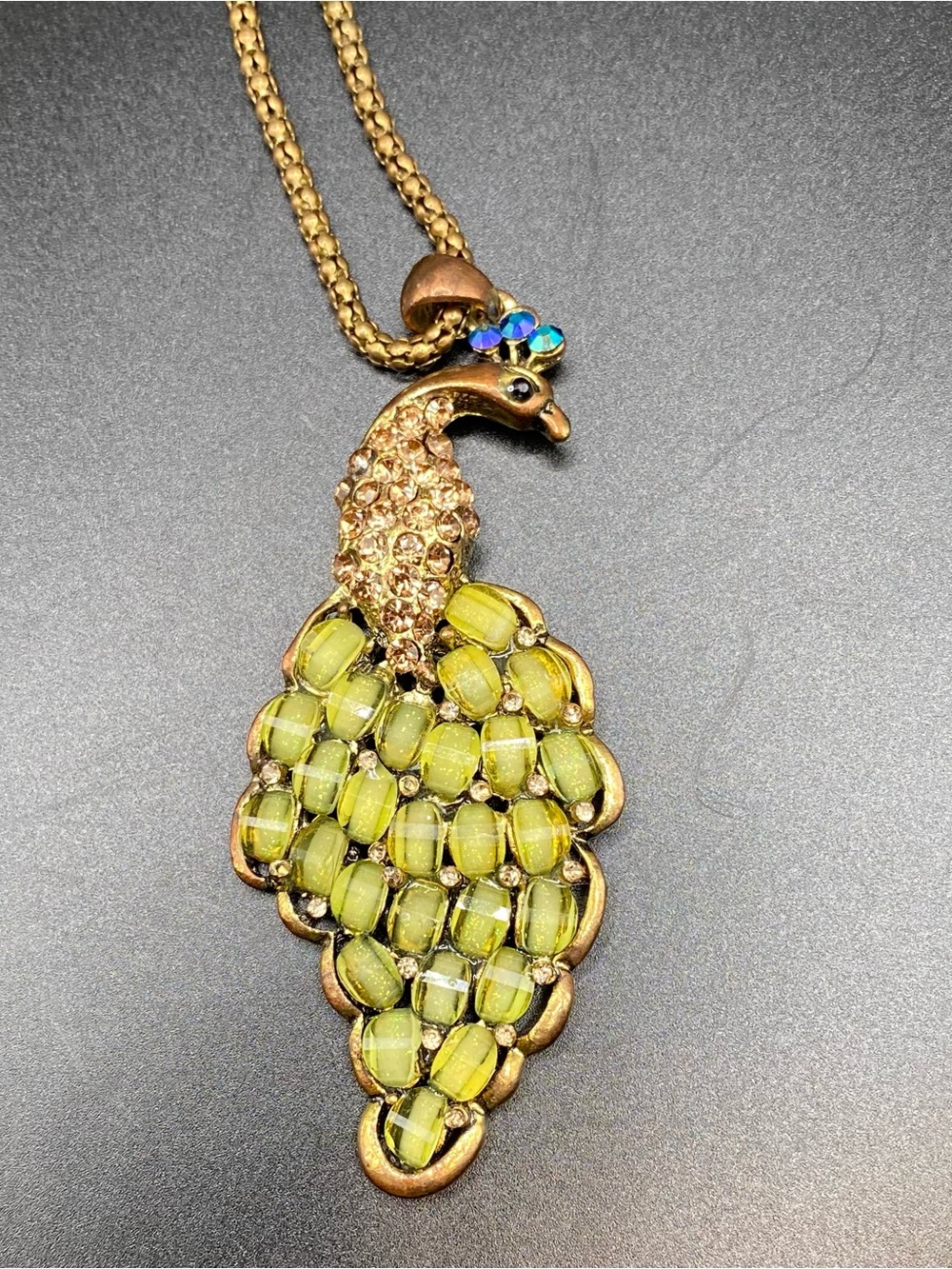 Vintage Green & Gold-Tone Peacock Pendant Necklace